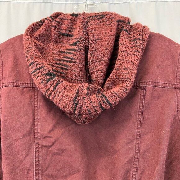 Maurices Womens Long Jean Jacket Wine Full Zip Knit Hood Pockets Collar M - Picture 6 of 10